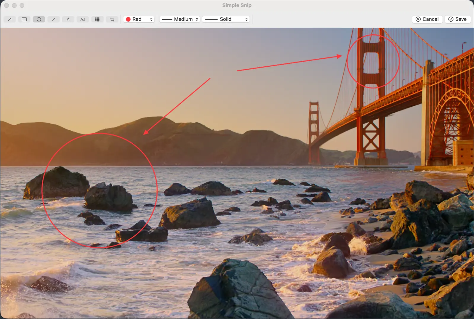 Simple Snip markup window with arrows, circles, and the captured image